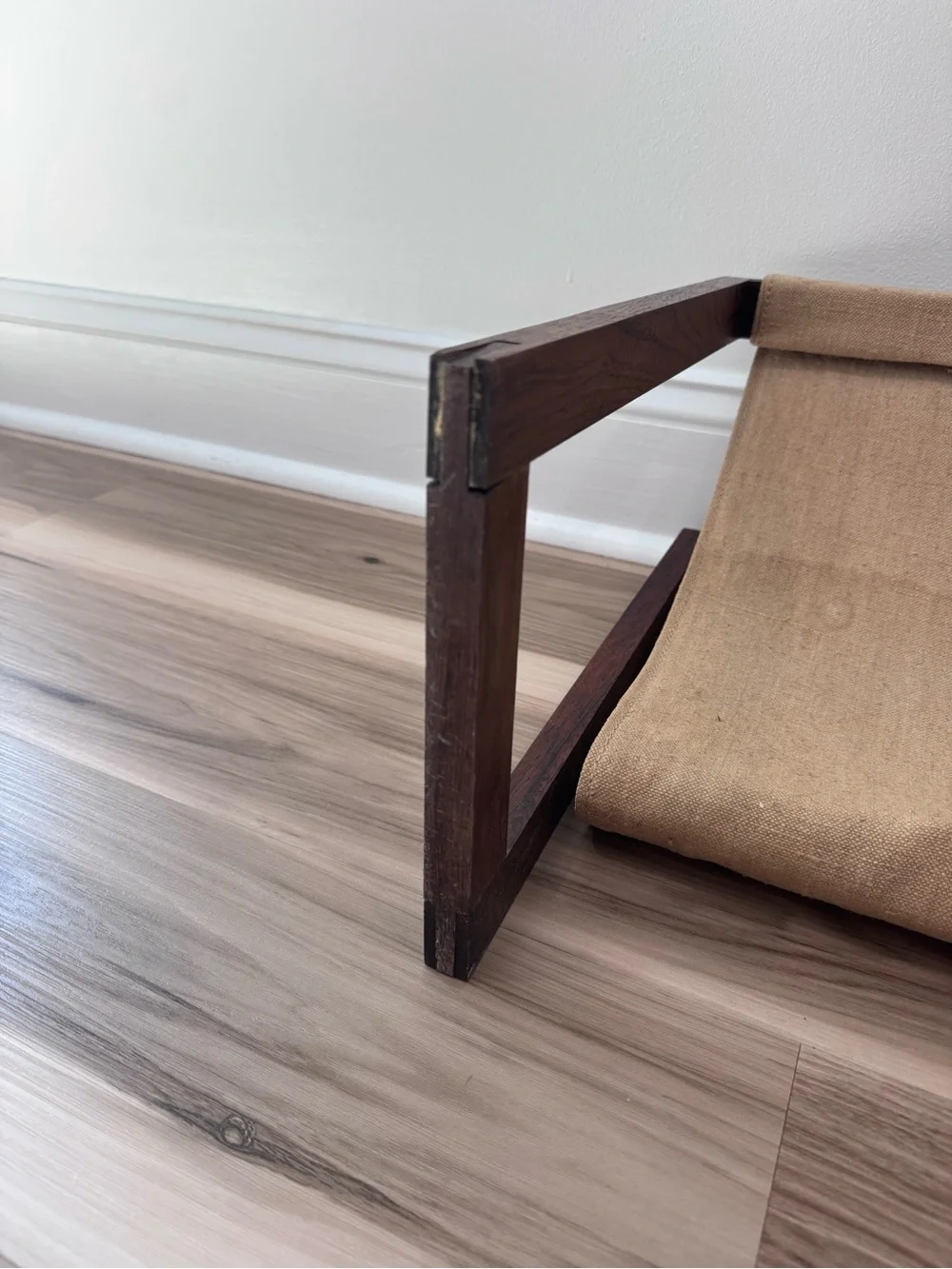 Vintage Mid Century Wooden Magazine Rack Canvas Sling Holder MCM 1960s Decor